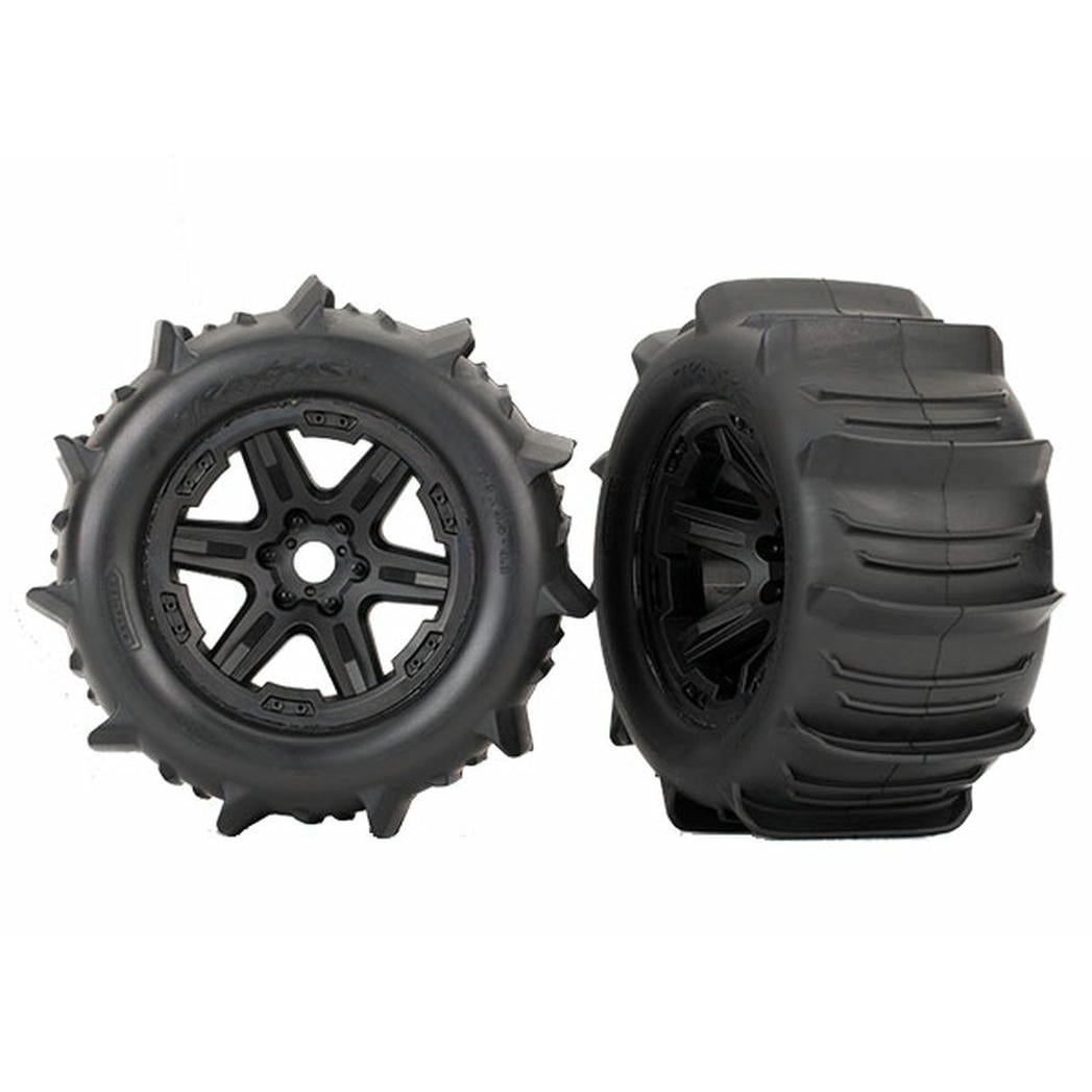 Image of Traxxas Sledge TSM Rated Paddle Tires Factory Glued on Black 3.8 Wheels 8674
