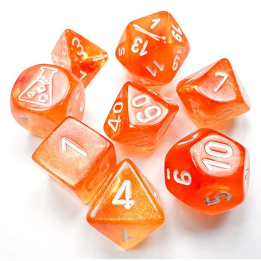 Lab Dice 6 Borealis: Poly Blood Orange/white Luminary 7-Die Set (with bonus die)